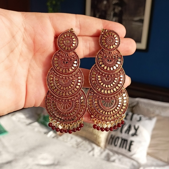 ✨FREE WITH PURCHASE✨  Ethnic Maroon Chandelier Earrings - Picture 3 of 5